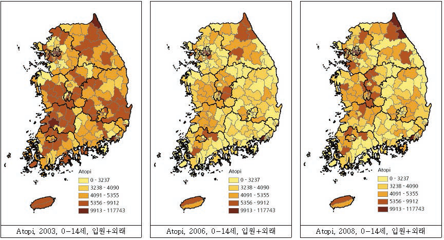 전국 15세 미만 시군구별 아토피 입원 또는 외래 유병률