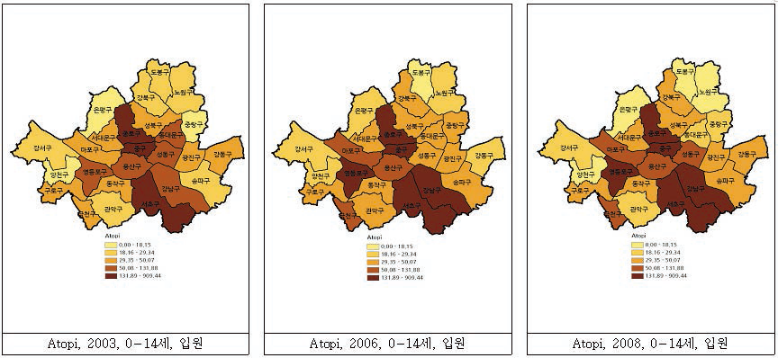 서울시 15세 미만 시군구별 아토피 입원 유병률