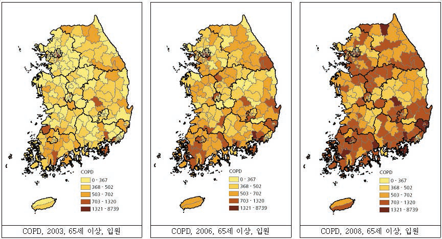 전국 65세 이상 시군구별 만성폐쇄성폐질환 입원 유병률