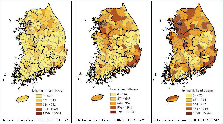 전국 65세 이상 시군구별 허혈성심장질환 입원 유병률