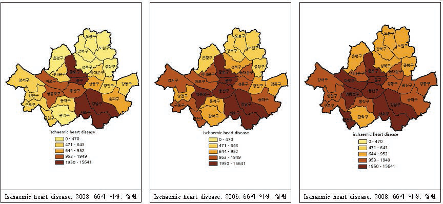서울시 65세 이상 시군구별 허혈성심장질환 입원 유병률