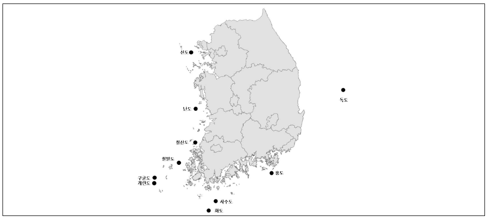 한국의 주요 바닷새 번식지 분포