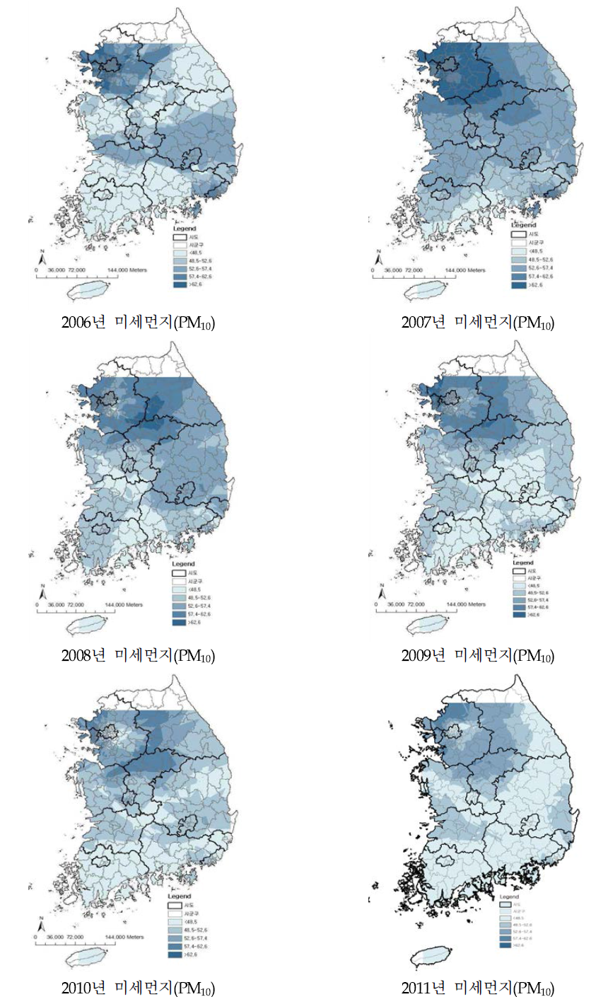 2006~2011년 전국 미세먼지(PM10) 농도의 공간분포