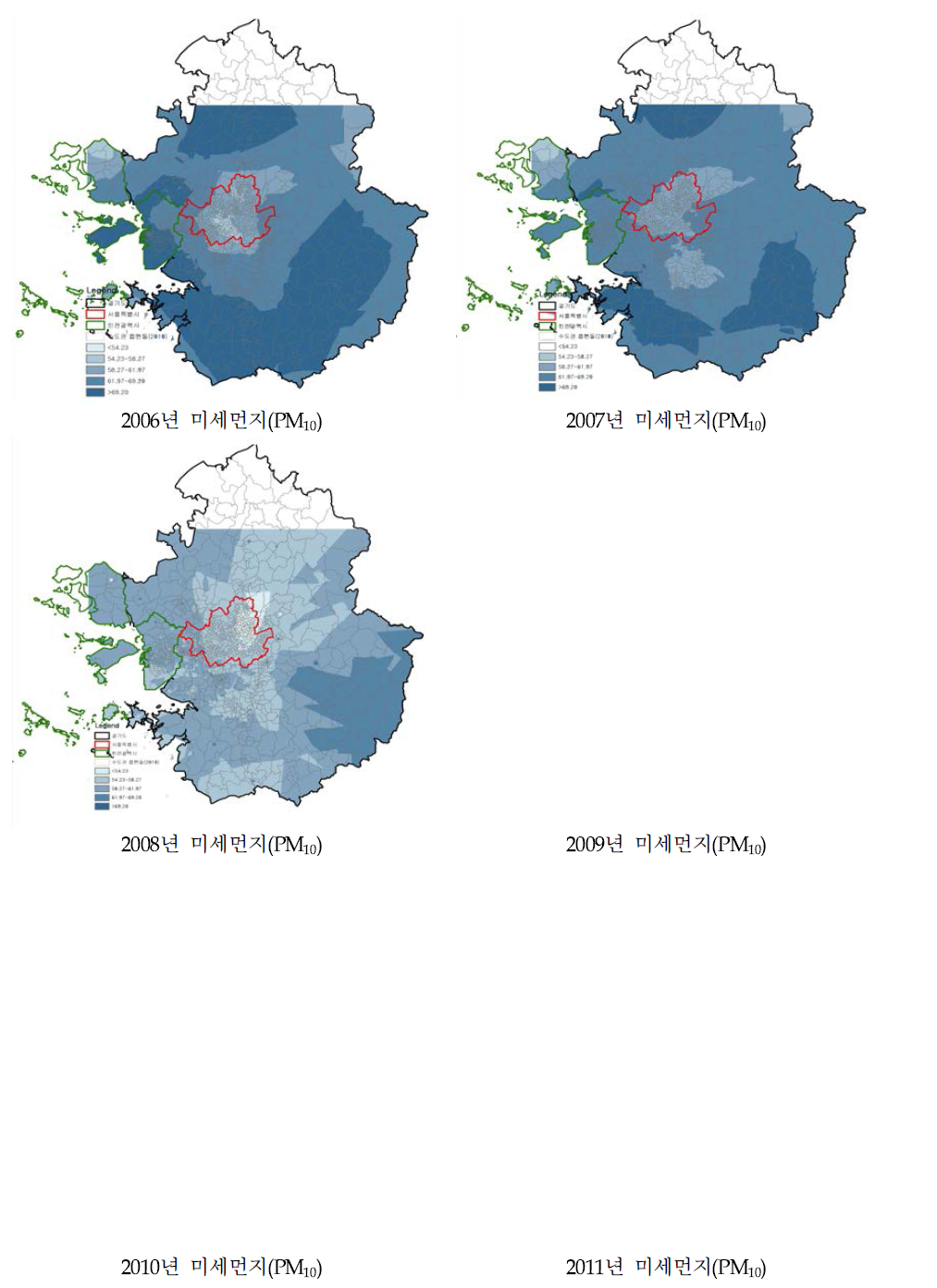 2006~2011년 수도권 미세먼지(PM10) 농도의 공간분포