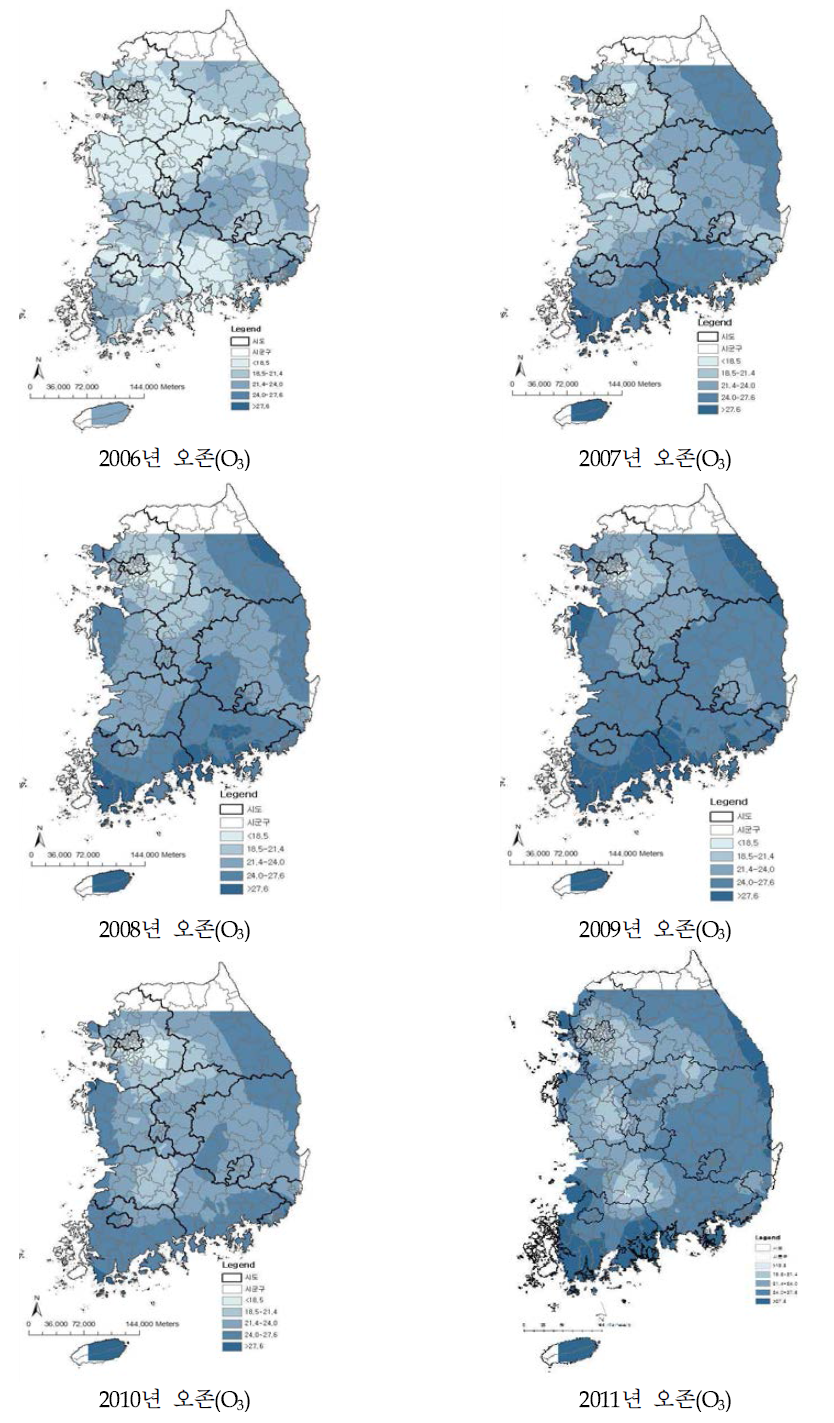 2006~2011년 전국 오존(O3) 농도의 공간분포