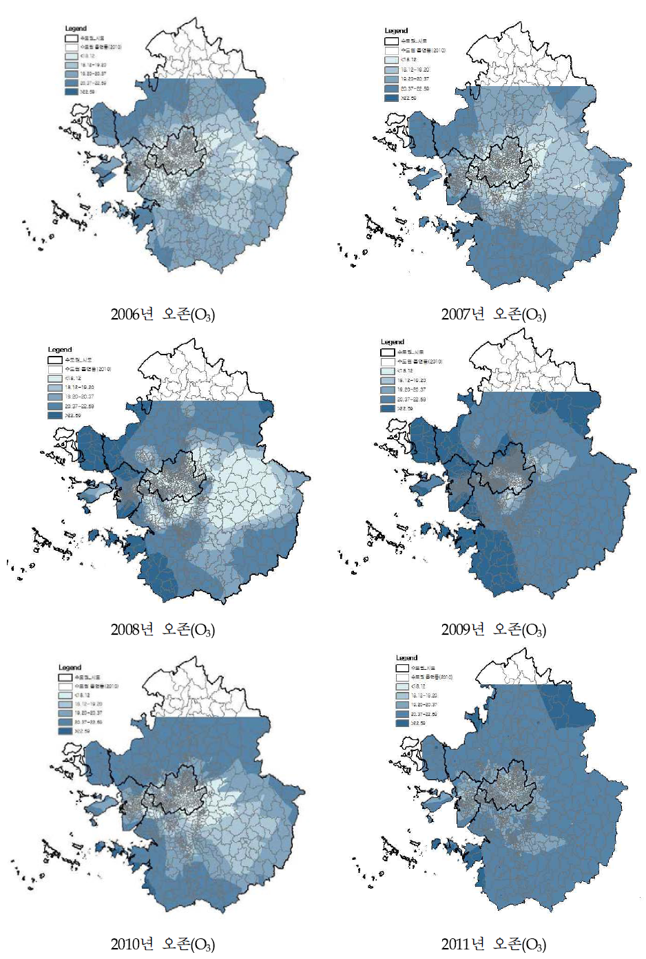 2006~2011년 수도권 오존(O3) 농도의 공간분포