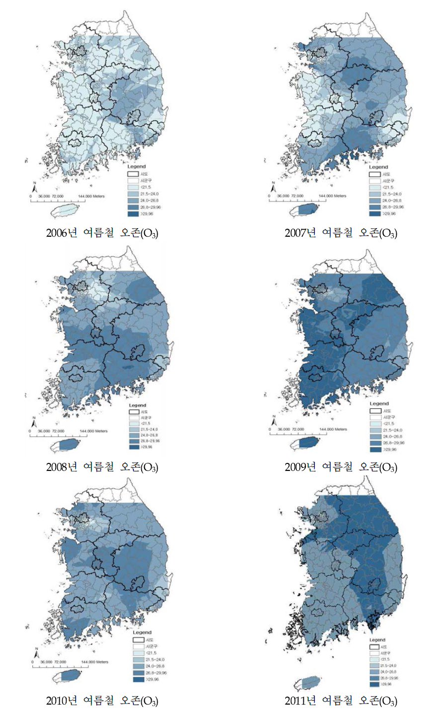 2006~2011년 전국 여름철 오존(O3) 농도의 공간분포
