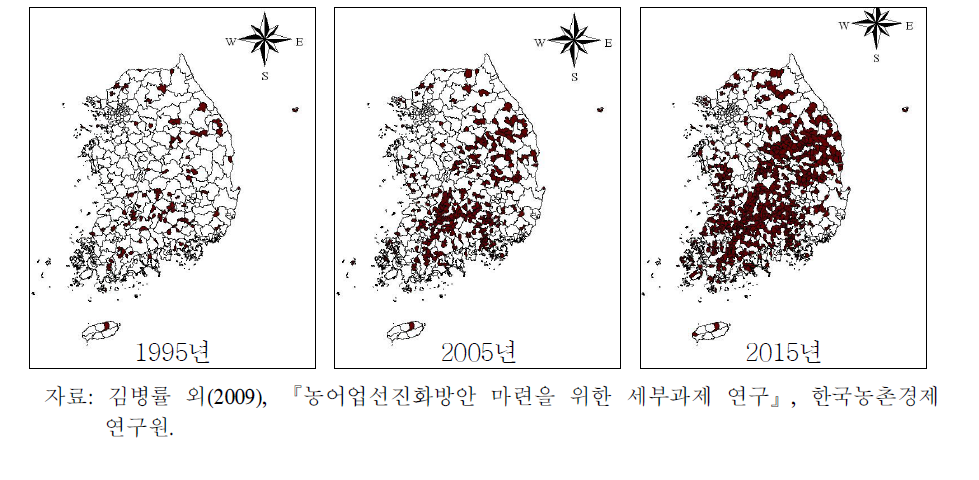 인구 2천 명 미만 면의 분포 변화