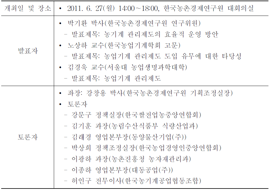 농기계 관리제도 도입 관련 공청회 개최 현황