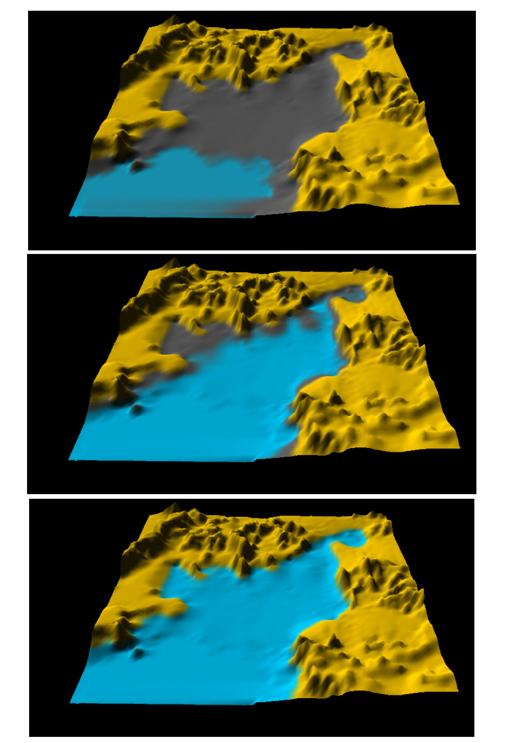 남면 갯벌 조위도(상: -3m, 중: 0m, 하: -3m). 수심은 평균해수면 기준