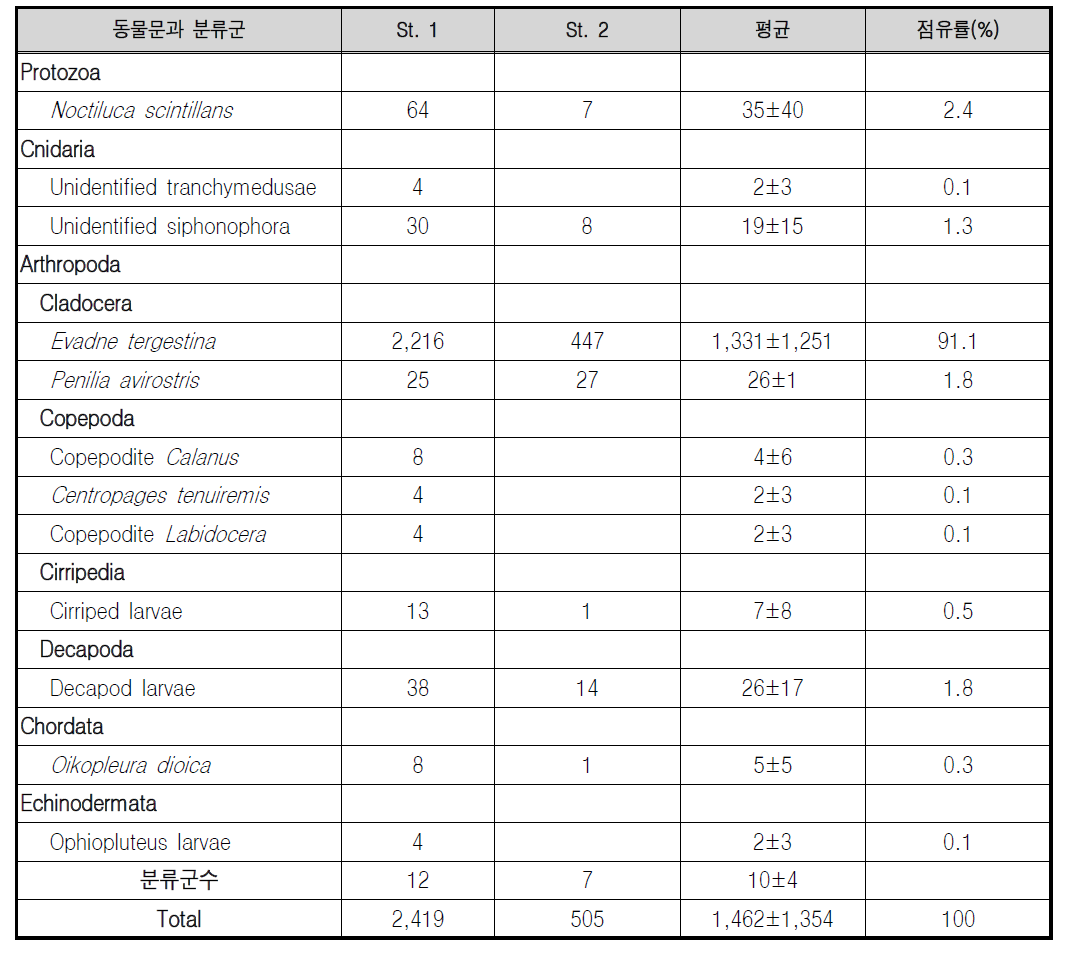 동물플랑크톤 개체수(개체/㎥) 및 분류군수