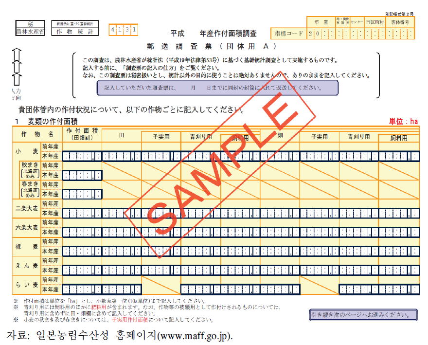 일본의 작부면적 우송조사표(단체용 A) 샘플