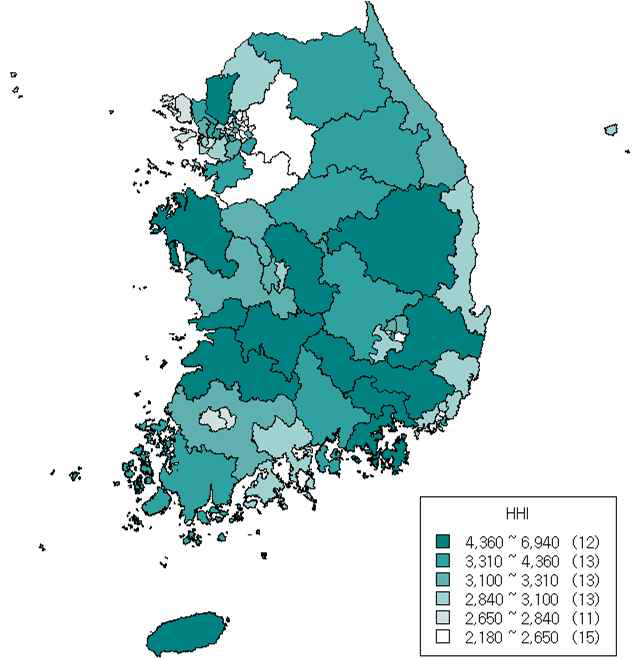 방송 구역별 HHI 현황