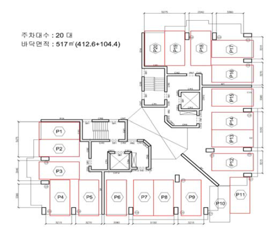 203동 탑상형 주동부 지하 공간 활용 주차 배치도