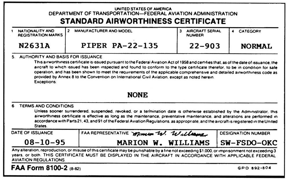 미국 표준감항증명서 FAAForm 8100-2