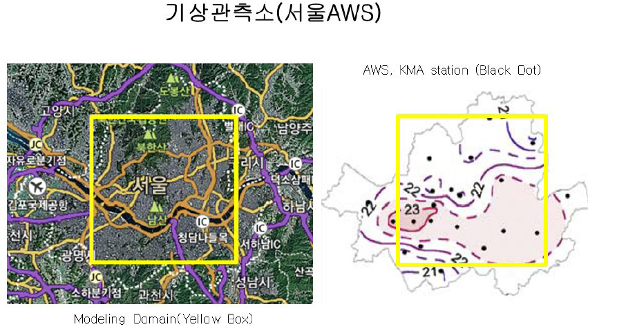 서울 기상관측소(AWS) 분포현황: 우측의 흑색원이 AWS 설치위치