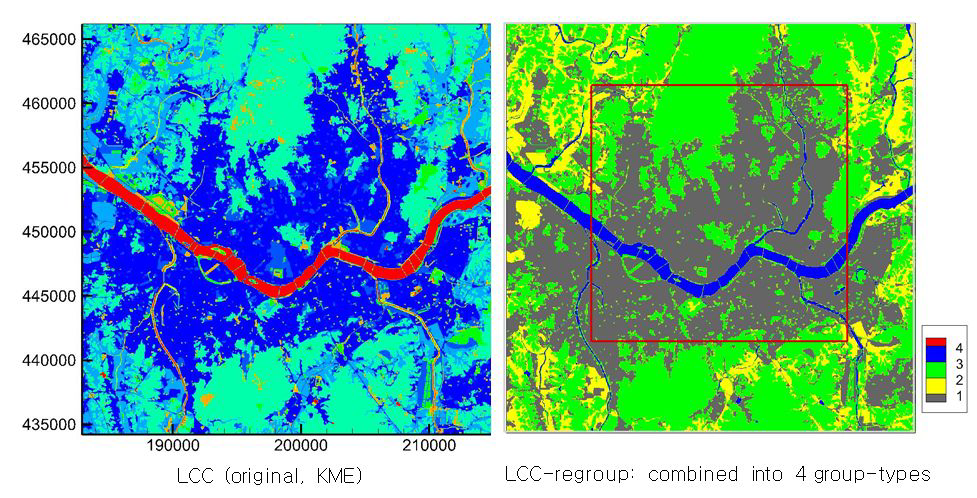 환경부 토지피복도(중분류, 좌)로부터 ACM_static 모델입력을 위한 4종 토지피복도(우)의 제작