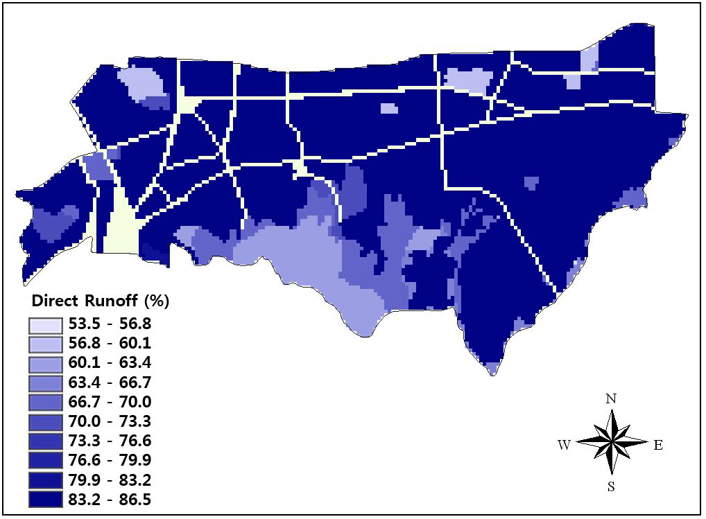 평균 직접유출량의 공간분포(1999년-2008년 평균, 강우량 대비 백분율)
