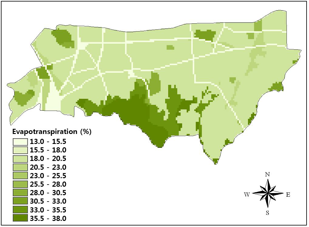 평균 증발산량의 공간분포(1999년-2008년 평균, 강우량 대비 백분율)