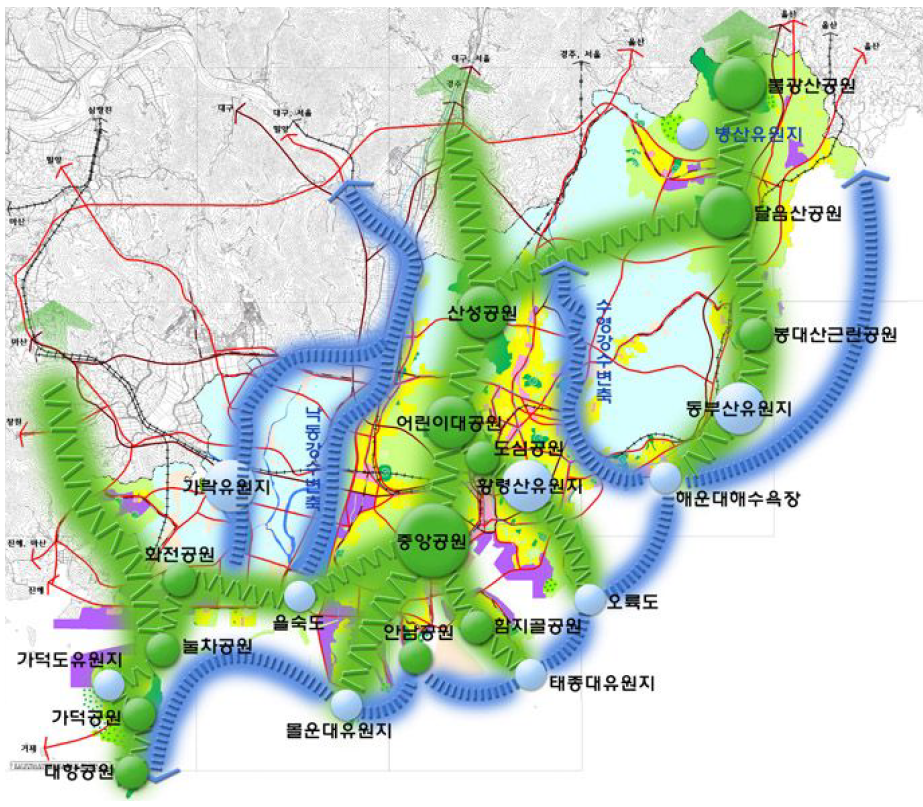 부산권 광역도시계획 공원녹지체계도