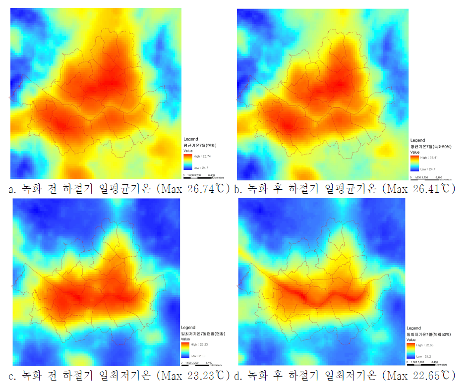 서울시 전역의 녹화로 인한 열섬저감 효과