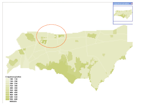 건축물 녹화 전 증발산량 공간분포(1999년~2008년 평균, 우선녹화지역)