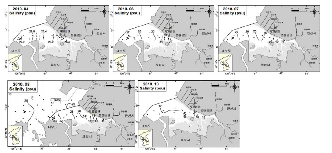 시화호 방조제 내측 및 외측(8월) 표층수의 염분 분포