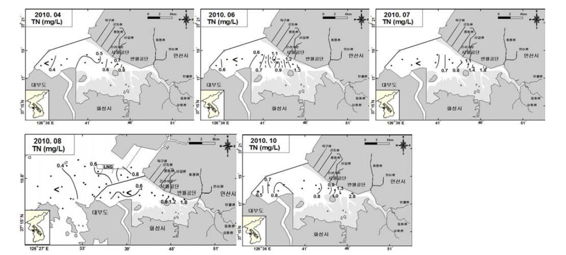 시화호 방조제 내측 및 외측(8월) 표층수의 총질소 분포