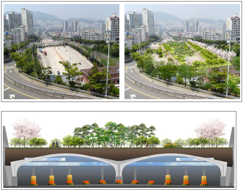 가야입체도시공원의 현황과 대안2 (위)와 입단면 (아래)