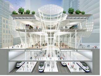 he five-level Transit Center will serve both bus and rail and will include a 5.4-acre rooftop park.