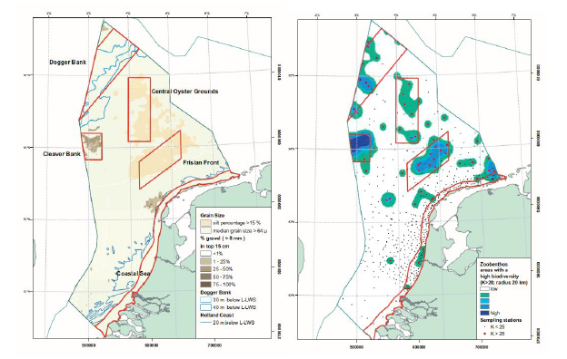북해 퇴적해저지형(좌)과 저서생물다양성 분포(우)