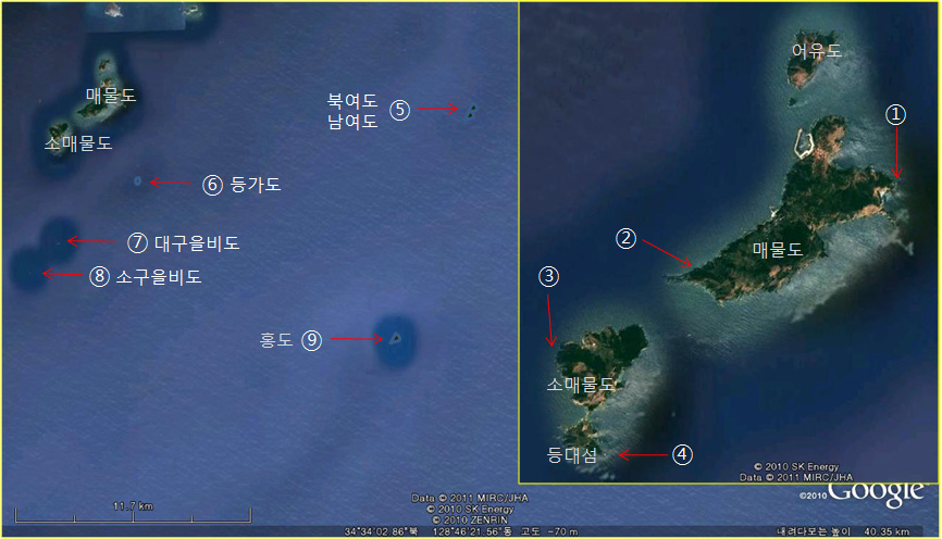 매물도 주변 도서 잠수조사 정점(붉은점)