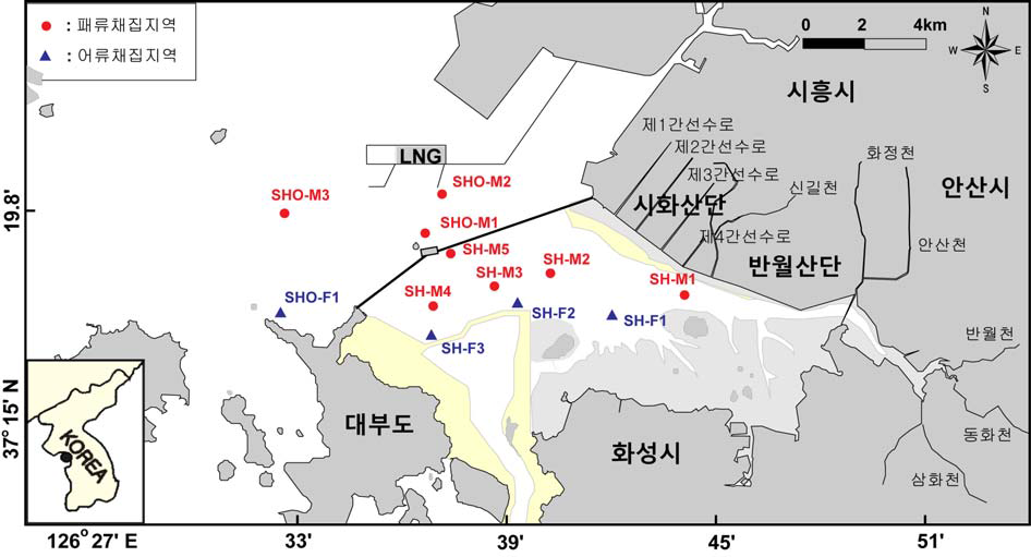 시화호 주변해역 정착성 패류 및 어류 조사지점