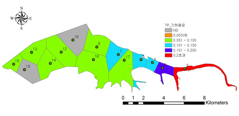 시화호 수질측정지점별 TP_기하평균 분포