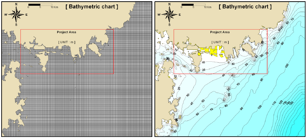 계산 격자망도 및 계산 수심도(광역)