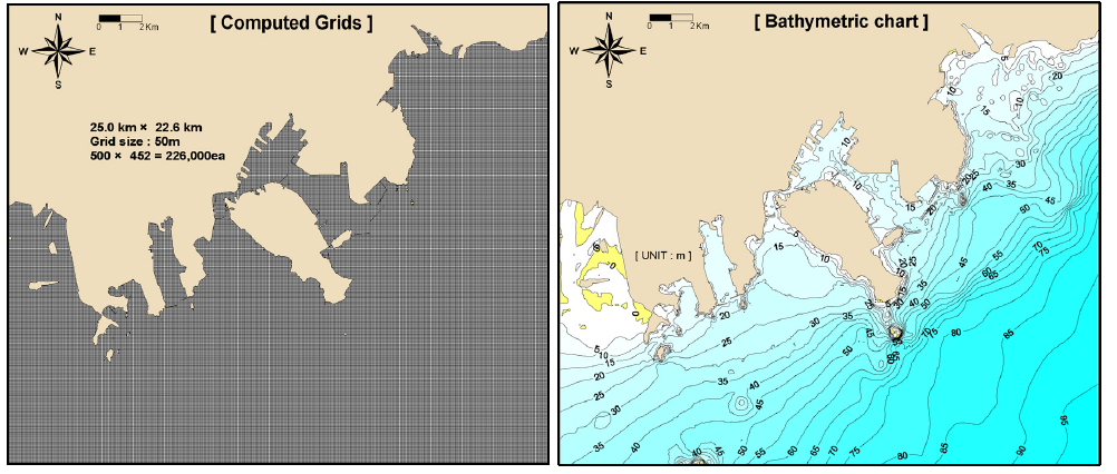 계산 격자망도 및 계산 수심도(세역 1)