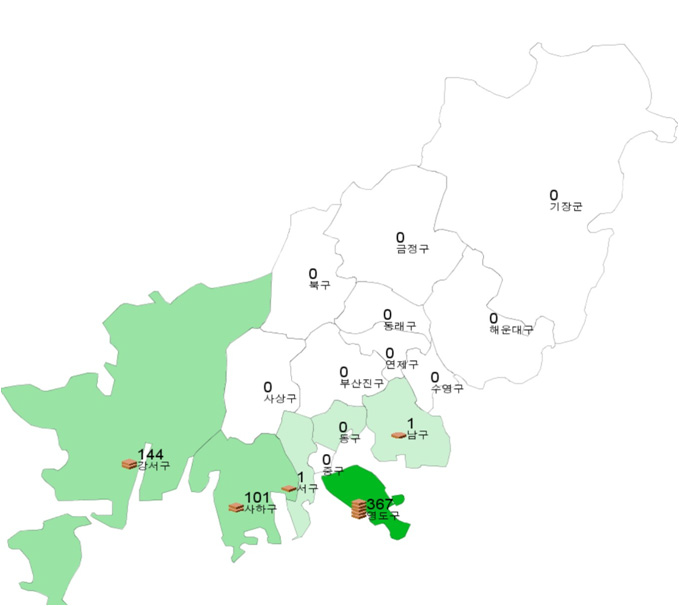 부산시 내 각 구(區)별 선박수리 관련업체 분포도(기업 수)