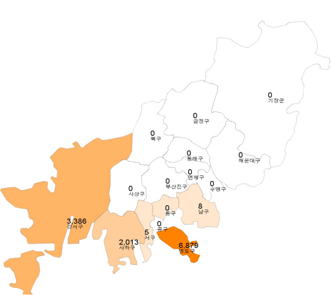 부산시 내 각 구(區)별 선박수리 관련기업 분포도(종업원 수)