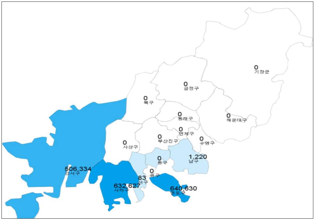 부산시 내 각(區)별 선박수리 관련업체 분포도