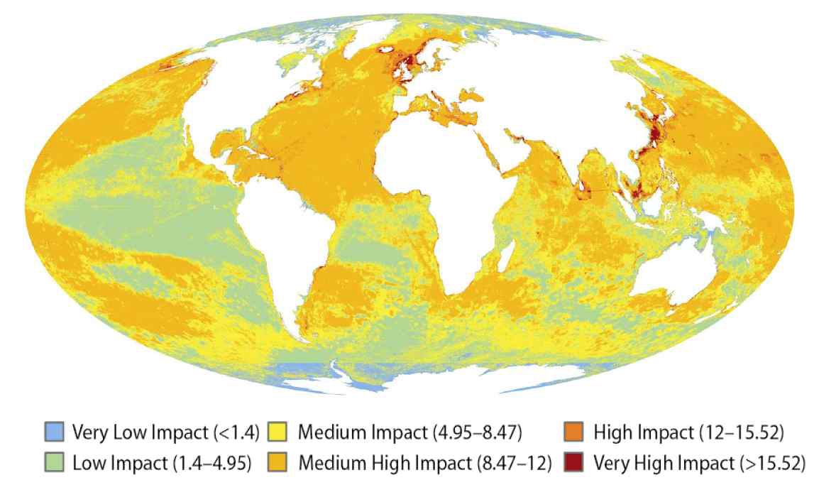전세계 해양생태계에 대한 사회경제활동의 누적적 영향(Halpern et al., 2008)