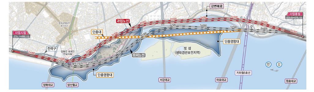 강변북로 지하도로 평면선형 계획
