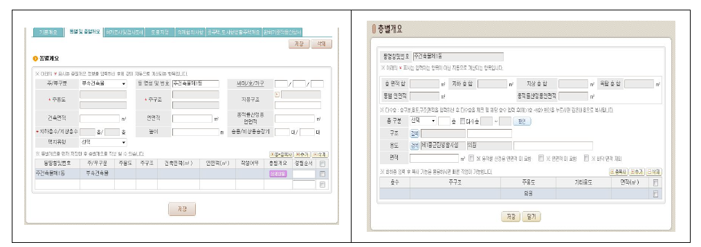 동 및 층별 개요에서 용도 기입 예시