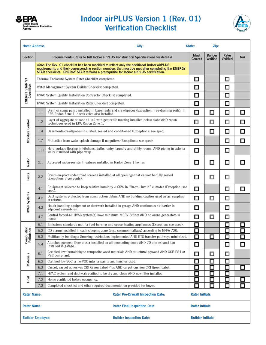 Indoor airPLUS Version 1 (Rev. 01) Veriication Checklist