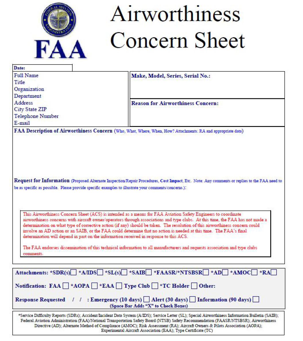 FAA Airworthiness Concern Sheet 양식