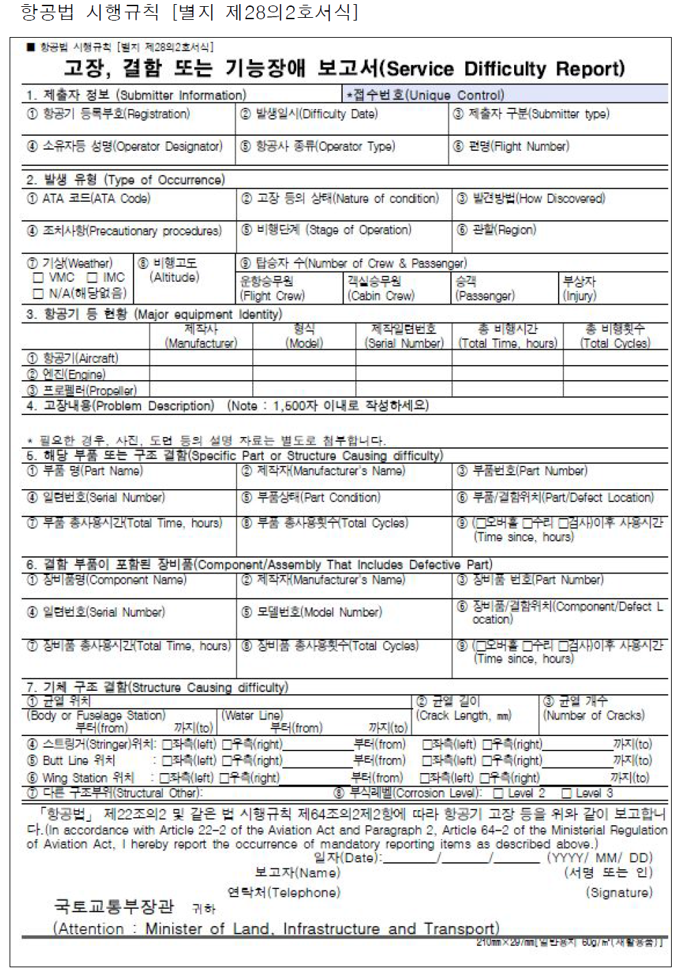 고장, 결함 또는 기능장애 보고서 양식