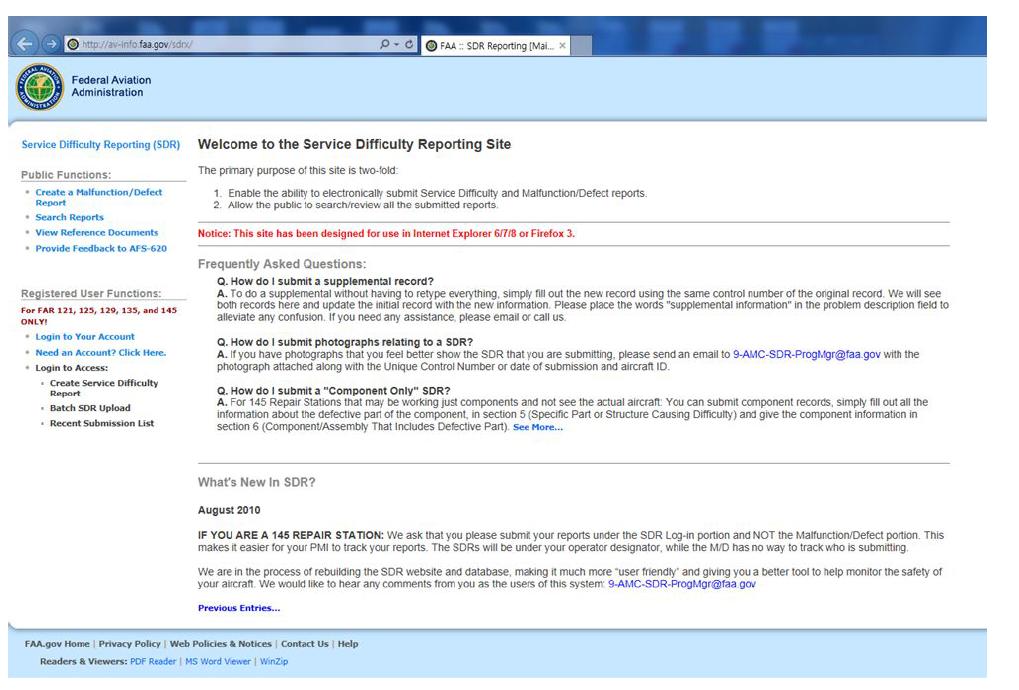 FAA 운용장애보고(SDR) 사이트