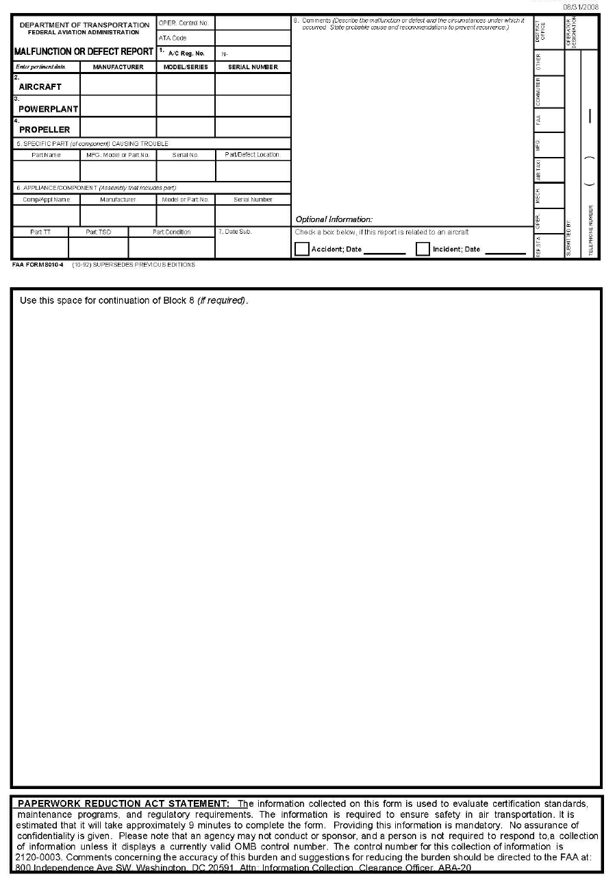 FAA Form 8010-4 Malfunction and Defect Report