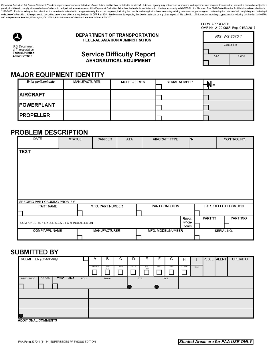 FAA Form 8070-1 Service Difficulty Report