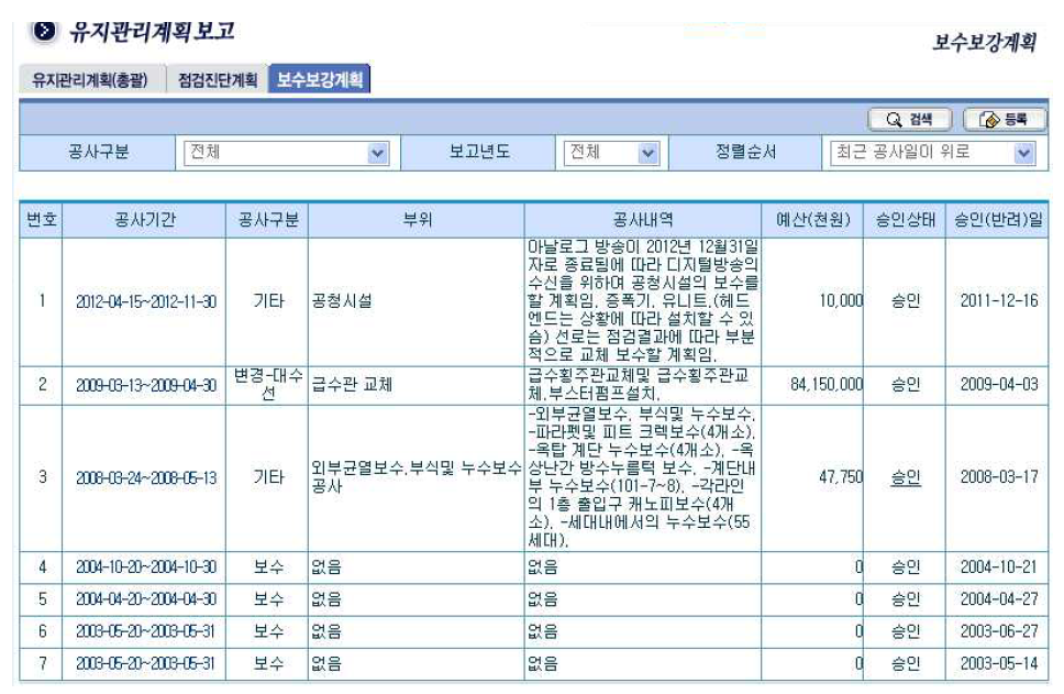 보수보강계획 입력 리스트