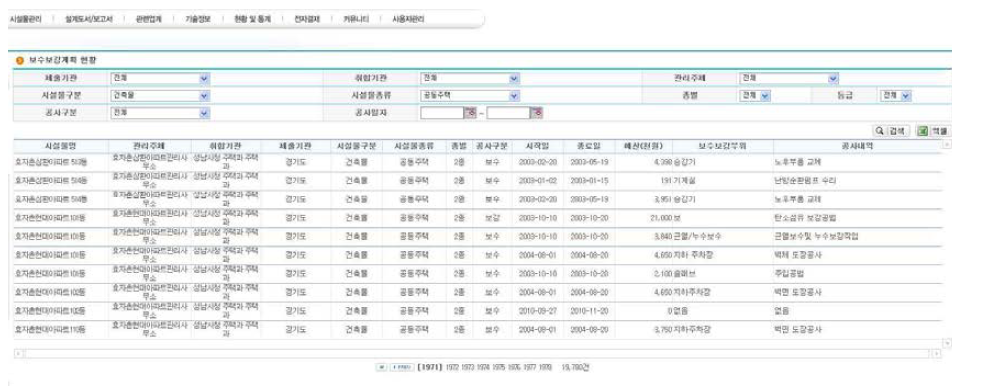 보수보강계획 현황 검색화면